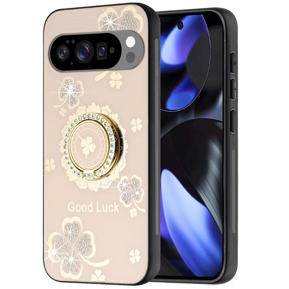 For Google Pixel 9, 9 Pro Diamonds 3D Butterfly Bling Sparkly Glitter Ornaments Engraving Hybrid with Stand Fashion Case Cover Good Luck Floral Gold