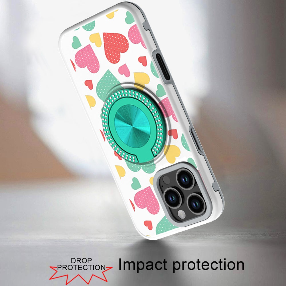For iPhone 16 Pro Max (6.9") Pattern Design Hybrid with Invisible Ring Stand & Magnetic Back, Shockproof Protective Grip Case Cover