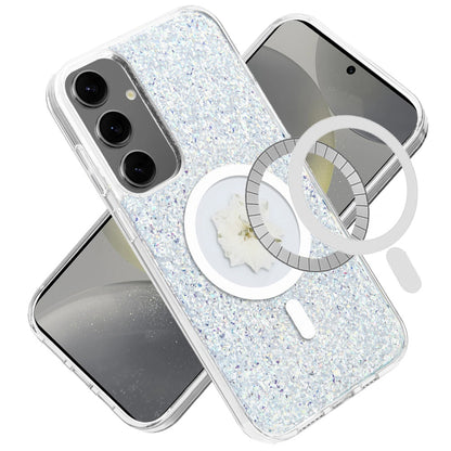 For Samsung Galaxy S24+ Plus MagSafe Compatible Glitter Flower Epoxy Hybrid Slim TPU Case, Magnetic Circle Design, Sparkly Bling Protective Case Cover Silver