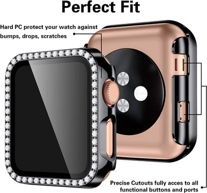For Apple Watch Size 42mm Luxury Bling Cover Diamond Electroplate Rhinestone Bumper Protective Frame with Tempered Glass Screen Protector Case Cover