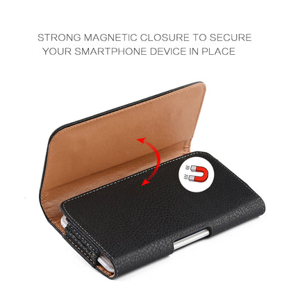 For Apple iPhone 16 (6.1") Universal Leather Case Belt Clip Holster with Clip and Loops Cell Phone Magnetic Carrying Pouch Horizontal (M) [Black]
