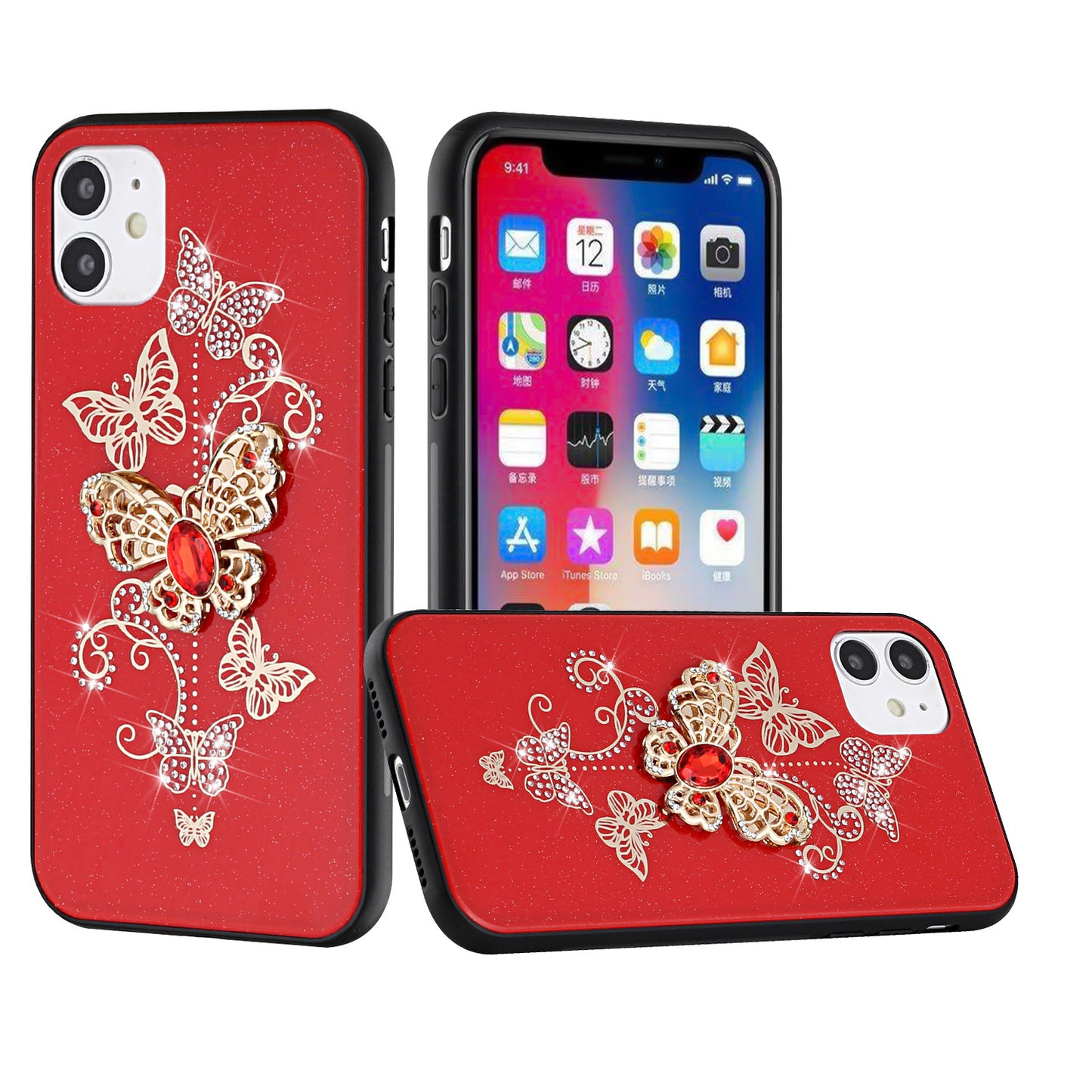 For Samsung Galaxy Z Fold 7 Diamonds 3D Butterfly Bling Sparkly Glitter Ornaments Engraving Hybrid Metal Fashion Case Cover Red Garden Butterflies