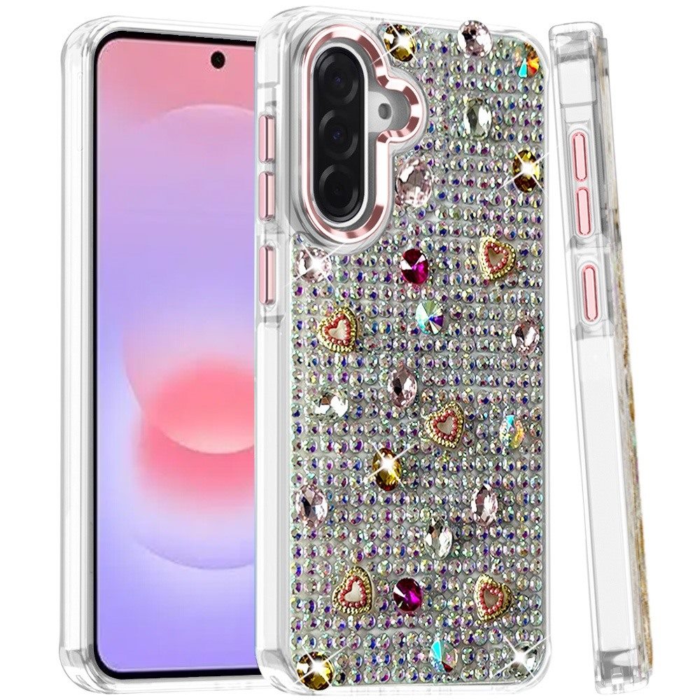 Phone Case for Samsung Galaxy A37 Chrome Fashion Hybrid Bling Diamond Heart Rhinestone Decorative Stones Sparkling Embellished Design Cover