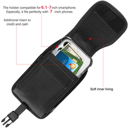 For Apple iPhone 16 Plus (6.7") Universal Pouch Case Vertical Phone Holster Nylon Cover with Front Buckle, Belt Clip Loop & Hook Carabiner [Black]