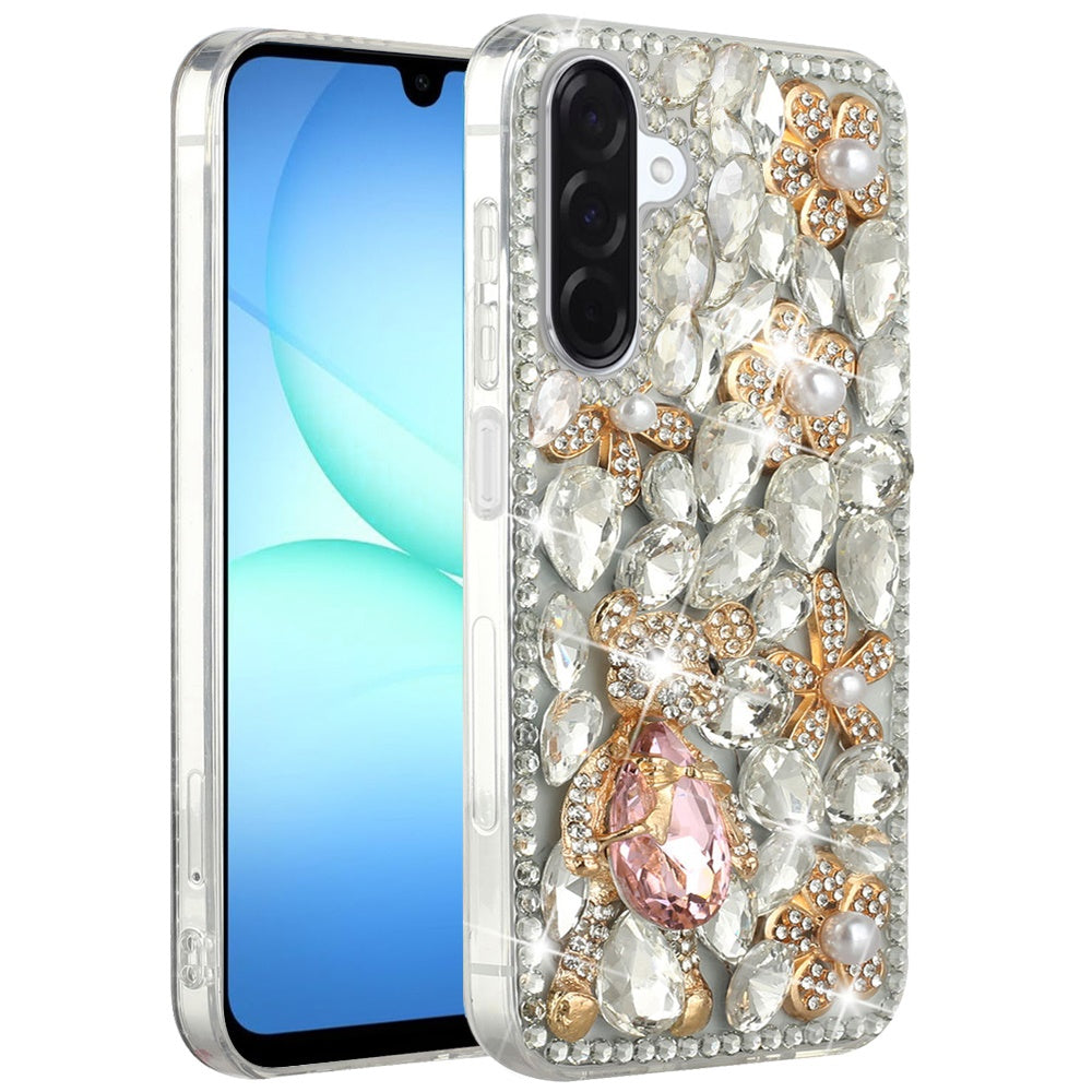 Phone Case for Galaxy A17 5G Luxury Full Diamond Glitter 3D Floral Ornament Hybrid Shockproof Stylish Rhinestone Designer Protective Elegant Cover Silver