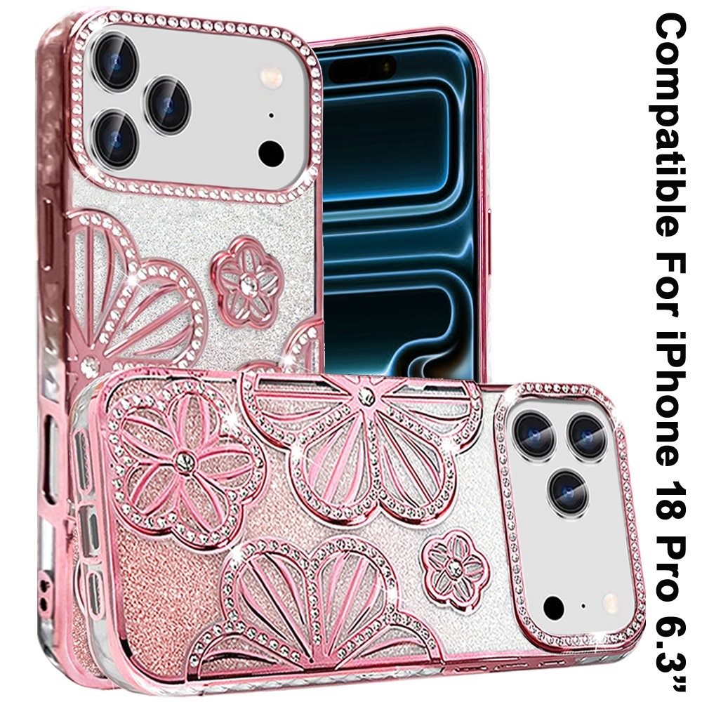 Phone Case for Apple iPhone 18 Pro Shimmer Glitter Floral Thick TPU Shockproof Durable Grip Camera Protection Anti-Scratch Stylish Design Cover