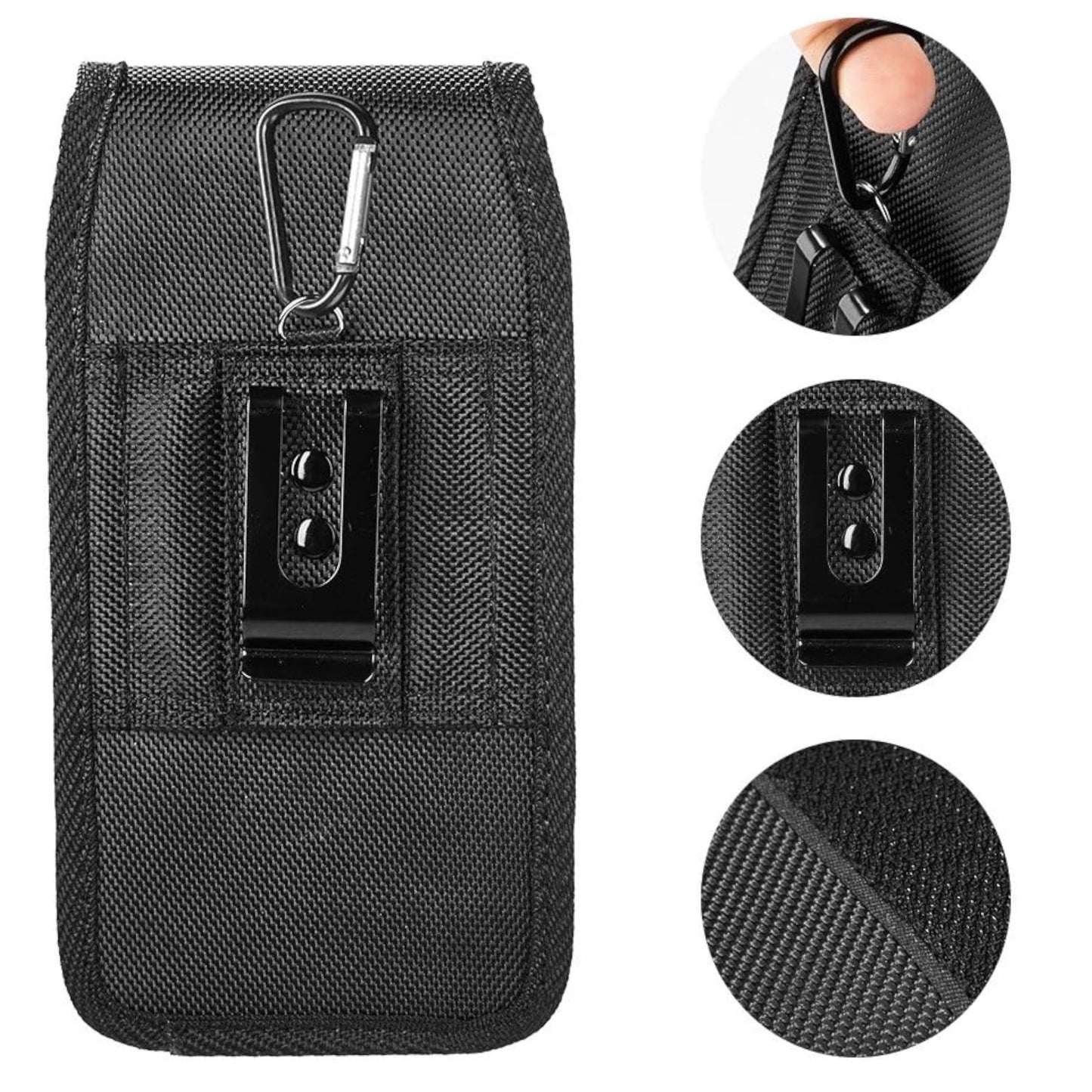 For Apple iPhone 16 (6.1") Vertical Nylon Canvas Holster Universal Cell Phone Pouch Velcro Closure with Credit Card Slot & Belt Clip Loop Carabiner [Black]