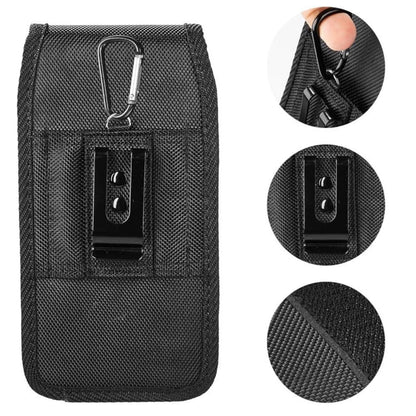 For Apple iPhone 16 (6.1") Vertical Nylon Canvas Holster Universal Cell Phone Pouch Velcro Closure with Credit Card Slot & Belt Clip Loop Carabiner [Black]