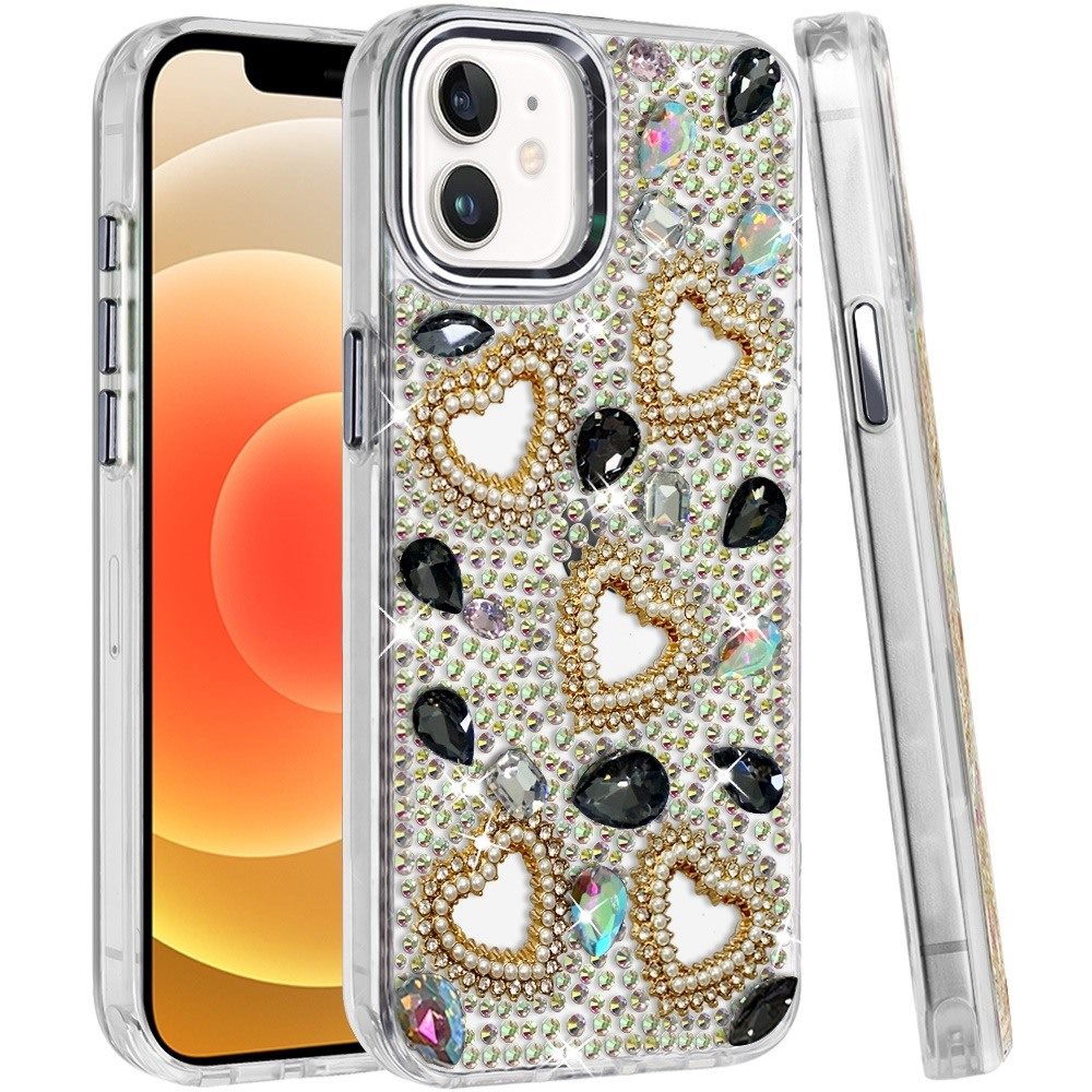Phone Case for Apple iPhone 12 /12 Pro Luxury Crystal Heart Rhinestone Diamond Bling Shockproof Hybrid Glitter Protective Stylish Durable Grip Cover