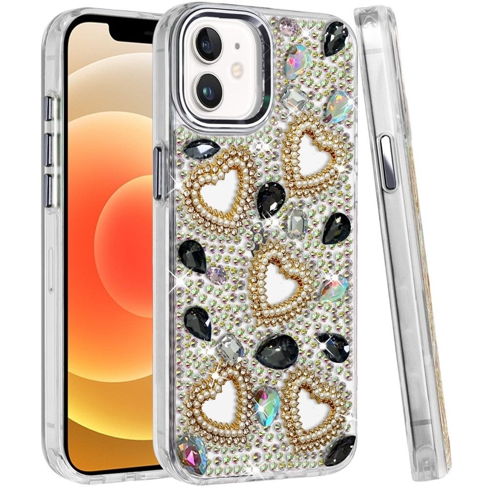 Phone Case for Apple iPhone 12 /12 Pro Luxury Crystal Heart Rhinestone Diamond Bling Shockproof Hybrid Glitter Protective Stylish Durable Grip Cover