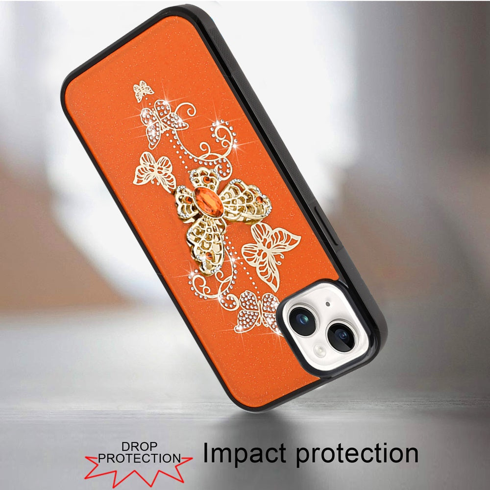 For Apple iPhone 15 Diamonds 3D Butterfly Bling Sparkly Glitter Ornaments Engraving Hybrid Metal Fashion Case Cover Garden Butterflies Cosmic Orange