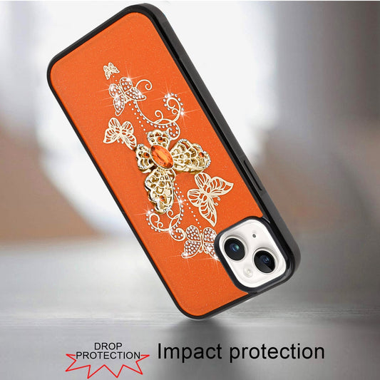 For Apple iPhone 15 Diamonds 3D Butterfly Bling Sparkly Glitter Ornaments Engraving Hybrid Metal Fashion Case Cover Garden Butterflies Cosmic Orange