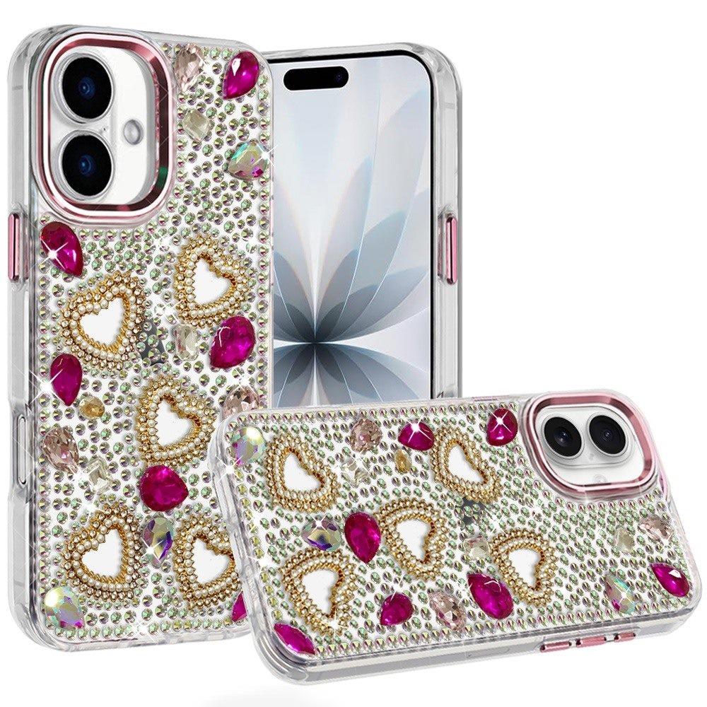 Phone Case for Apple iPhone 17 (6.3") Luxury Crystal Heart Rhinestone Diamond Bling Shockproof Hybrid Glitter Protective Stylish Durable Grip Cover Pink
