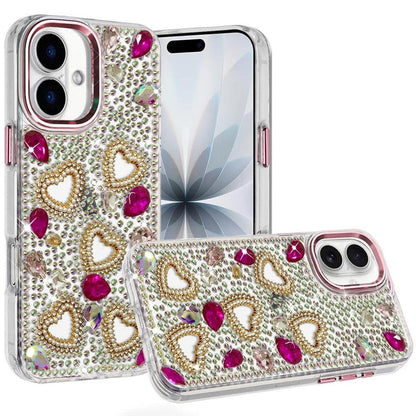 Phone Case for Apple iPhone 17 (6.3") Luxury Crystal Heart Rhinestone Diamond Bling Shockproof Hybrid Glitter Protective Stylish Durable Grip Cover Pink