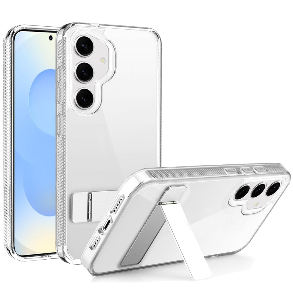 For Samsung Galaxy S25 /S24 Transparent with Sturdy Metal Kickstand Hybrid Dual Layer Tough Shock-Absorbent Slim Fit Hard PC + TPU Case Cover Clear