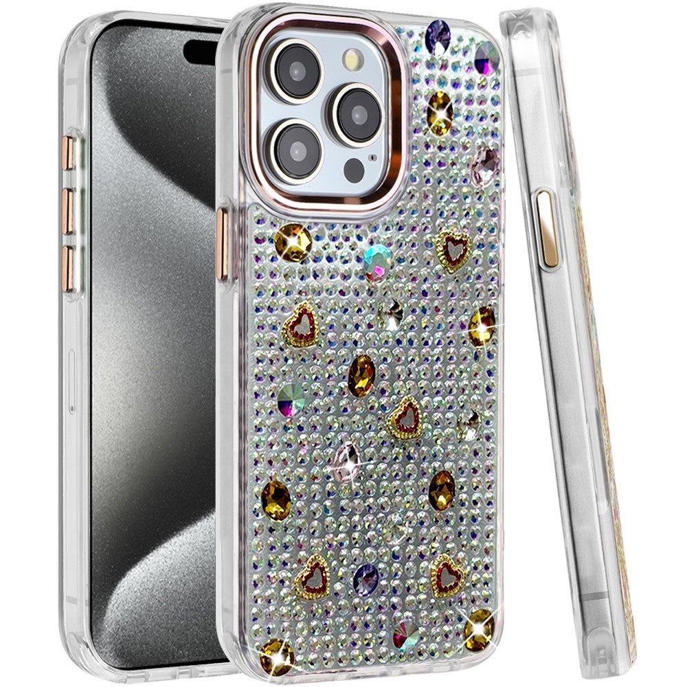 Phone Case for iPhone 15 Pro Chrome Fashion Hybrid Bling Diamond Heart Rhinestone Decorative Stones Sparkling Embellished Design Cover Gold