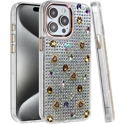 Phone Case for iPhone 15 Pro Chrome Fashion Hybrid Bling Diamond Heart Rhinestone Decorative Stones Sparkling Embellished Design Cover Gold