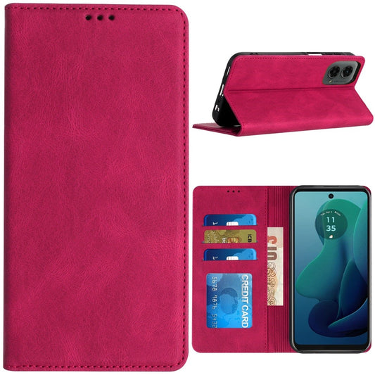 For Motorola Moto G 5G 2024 PU Vegan Leather Wallet Card Holder Magnetic Closure Shockproof Protection Secure Grip ID Cash Storage Case Cover Hotpink