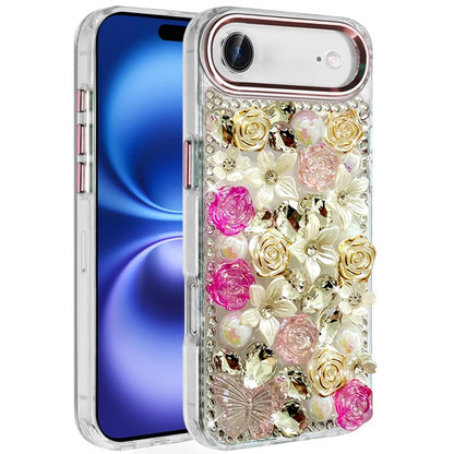 For Apple iPhone 17 Air (6.6") 3D Diamond Floral Roses Flower Bling Stone Hybrid, Sparkly Rhinestone Gemstone Back Shockproof Case Cover