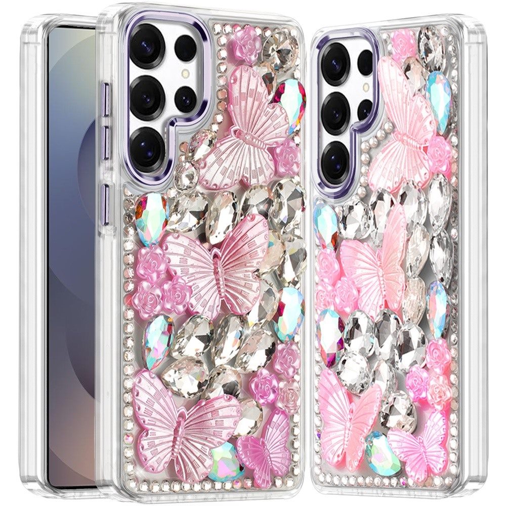 For Samsung Galaxy S24 Ultra 3D Diamond Floral Butterfly Bling Stone Hybrid, Sparkly Rhinestone Gemstone Back Shockproof Case Cover