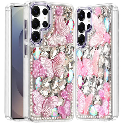 For Samsung Galaxy S24 Ultra 3D Diamond Floral Butterfly Bling Stone Hybrid, Sparkly Rhinestone Gemstone Back Shockproof Case Cover