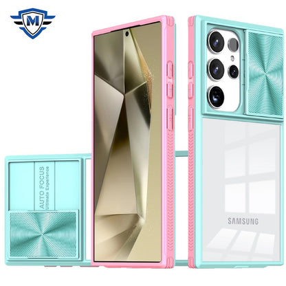 For Samsung Galaxy S24 Hybrid Cases with Sliding Camera Cover Transparent Shockproof Bumper TPU Protective Case Cover Pink/Blue
