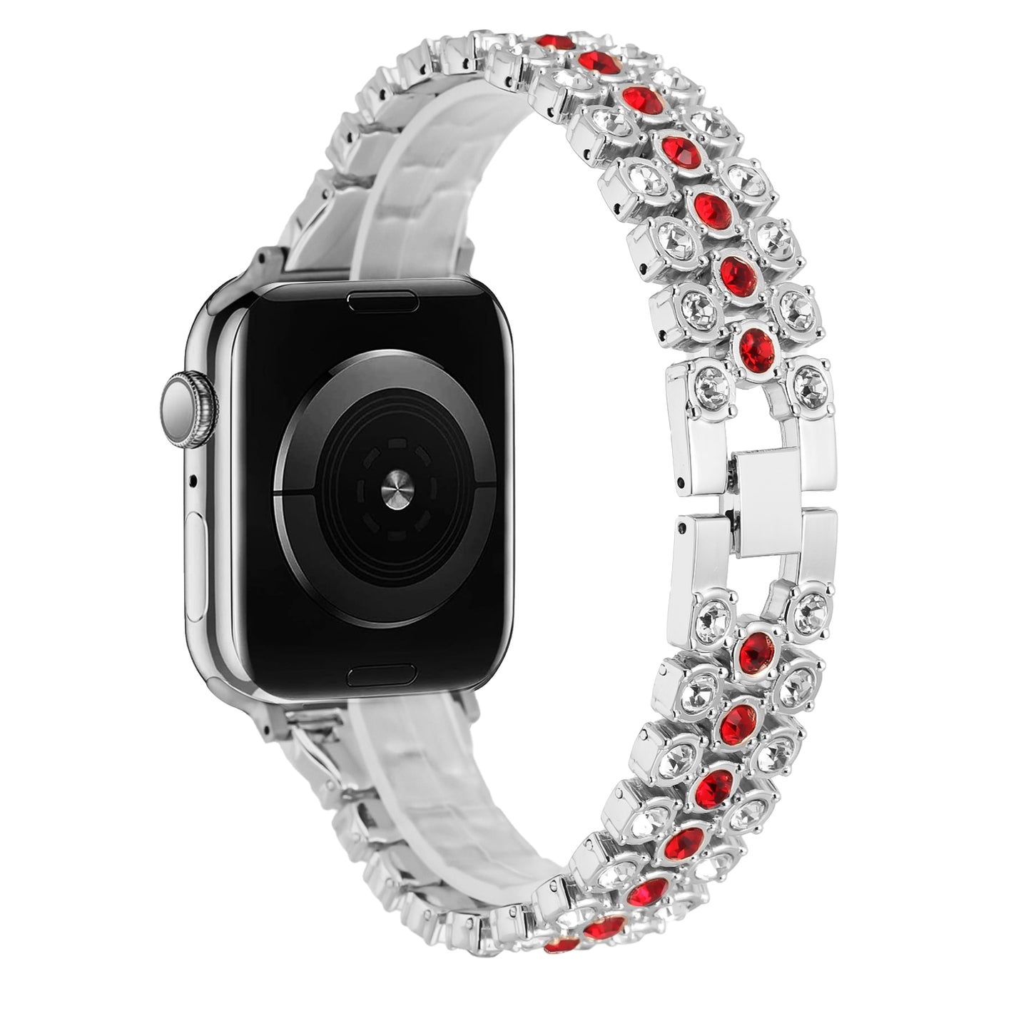 Watch Band for Apple Watch 38/40/41mm, Series 1-8 & SE Chrome Metal Link Adjustable Strap Rhinestone Bling Diamonds Decor Secure Fit & Durable Silver