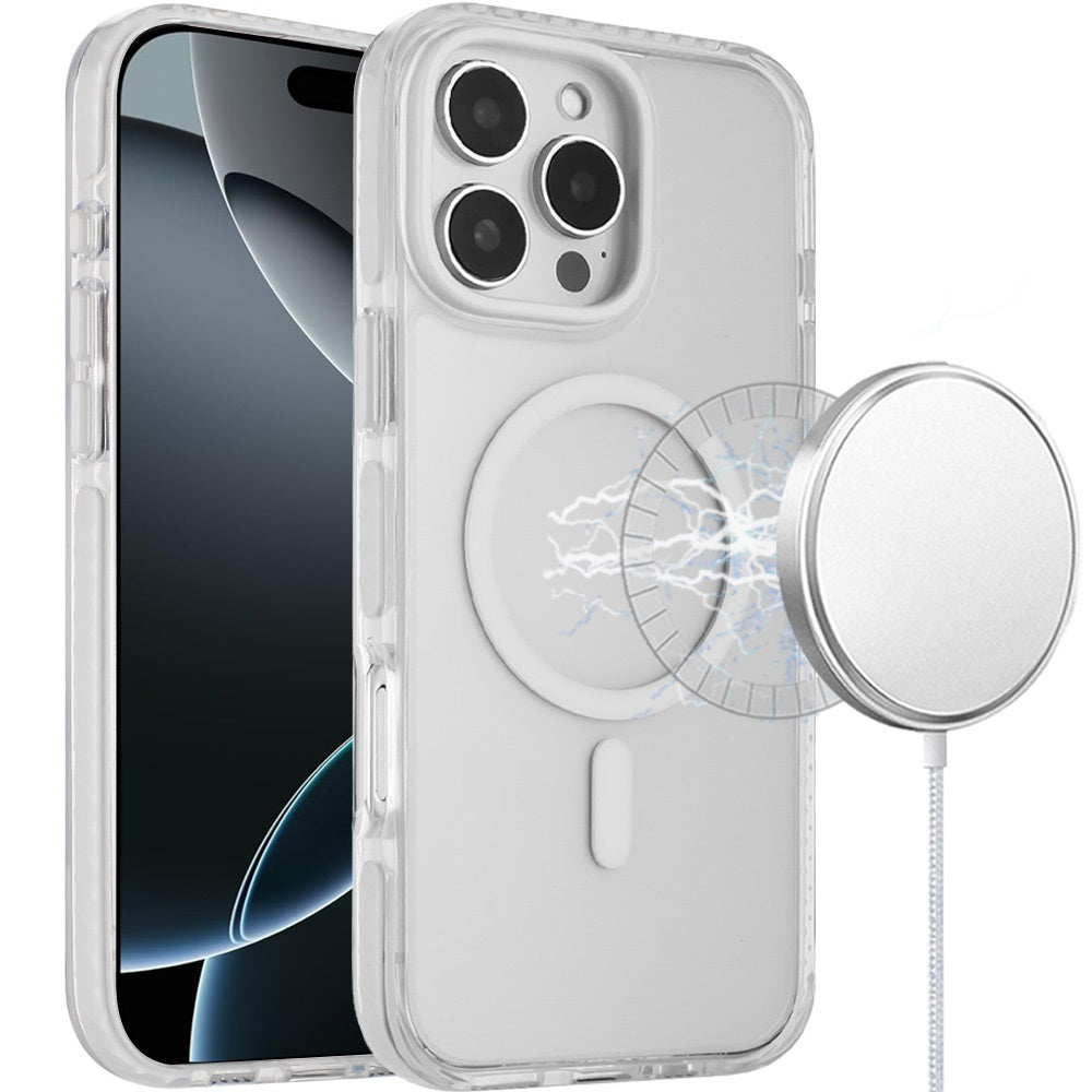 For Apple iPhone 17 Pro Max Transparent Hybrid with Color-Matched Magnetic Circle, Rubber TPU Frame Hard PC Shockproof Case Cover White