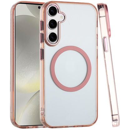 For Samsung Galaxy A37 Transparent Back Hybrid Case - Magnetic Circle, Color Frame, Metal Buttons, MagSafe Compatible Case Cover Rose Gold