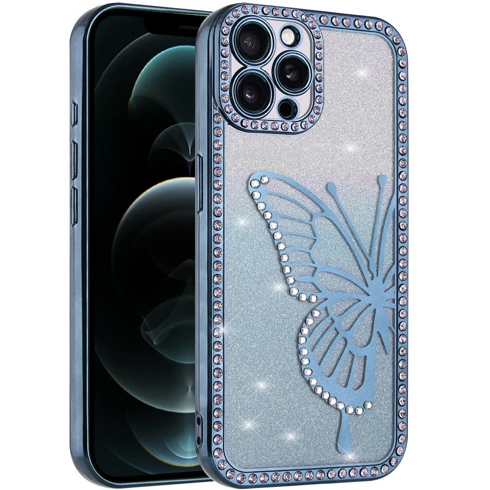 Phone Case for Apple iPhone 12 Pro Max Butterfly Diamond Glitter Shimmer Electroplated Hybrid Luxury Sparkle Rhinestone Protective Stylish Shockproof Cover Blue