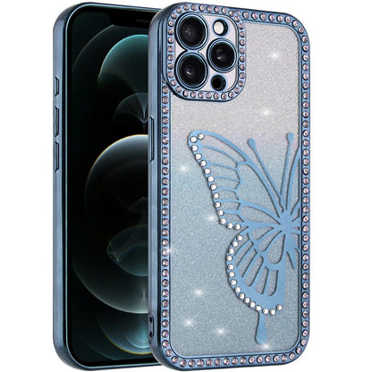 Phone Case for Apple iPhone 12 Pro Max Butterfly Diamond Glitter Shimmer Electroplated Hybrid Luxury Sparkle Rhinestone Protective Stylish Shockproof Cover Blue