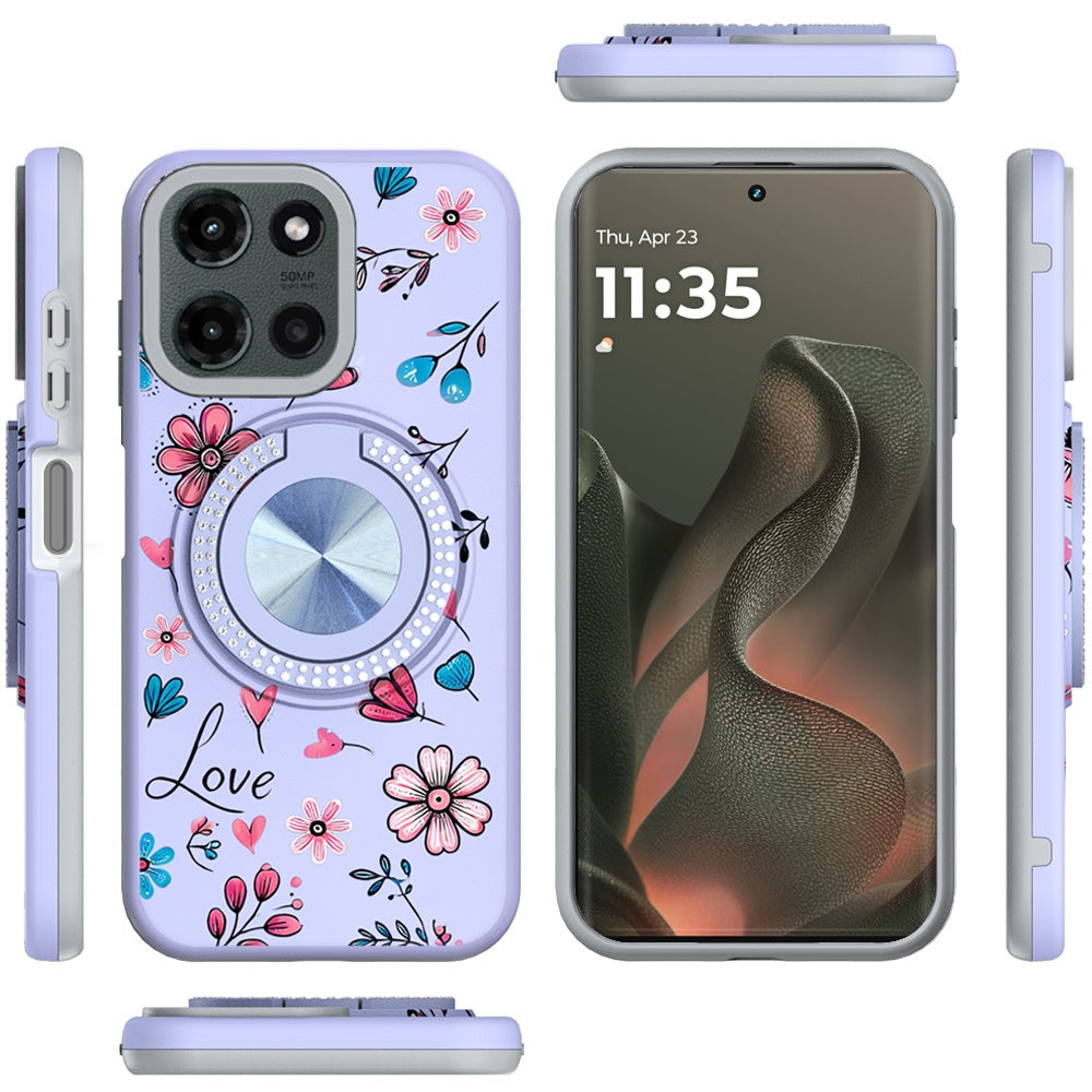 For Motorola Moto G Power 5G 2025 Pattern Design Hybrid with Invisible Ring Stand & Magnetic Back, Shockproof Protective Grip Case Cover