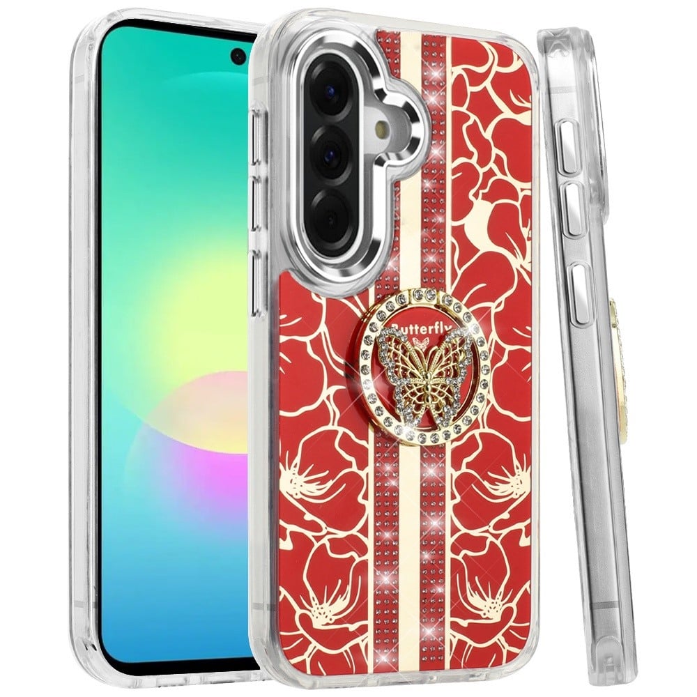 Phone Case for Samsung Galaxy A27 5G Floral Butterfly Ring Stand Glitter Bling Shockproof Hybrid Luxury Fashion Protective Anti Slip Durable Grip Cover