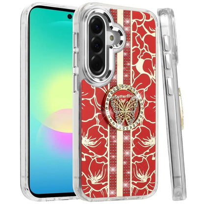 Phone Case for Samsung Galaxy A27 5G Floral Butterfly Ring Stand Glitter Bling Shockproof Hybrid Luxury Fashion Protective Anti Slip Durable Grip Cover