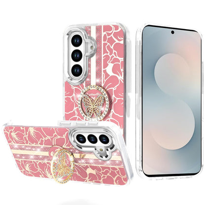 Phone Case for Samsung Galaxy S25 FE Fan Edition Floral Butterfly Ring Stand Glitter Bling Shockproof Hybrid Luxury Fashion Protective Anti Slip Durable Grip Cover Pink
