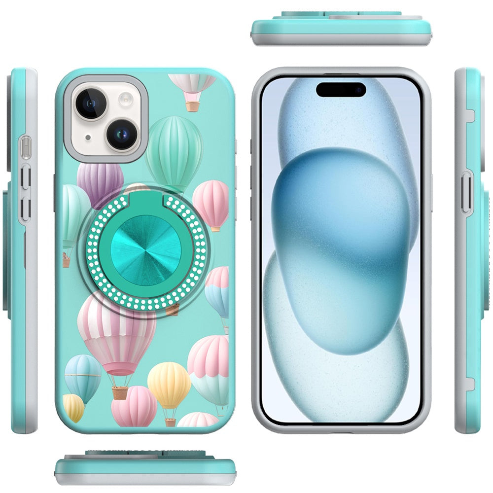 Phone Case for iPhone 15 Magnetic Ring Stand Matte Metal Hybrid Car Mount Friendly Shockproof Rotational Grip Diamond Design Pattern Cover