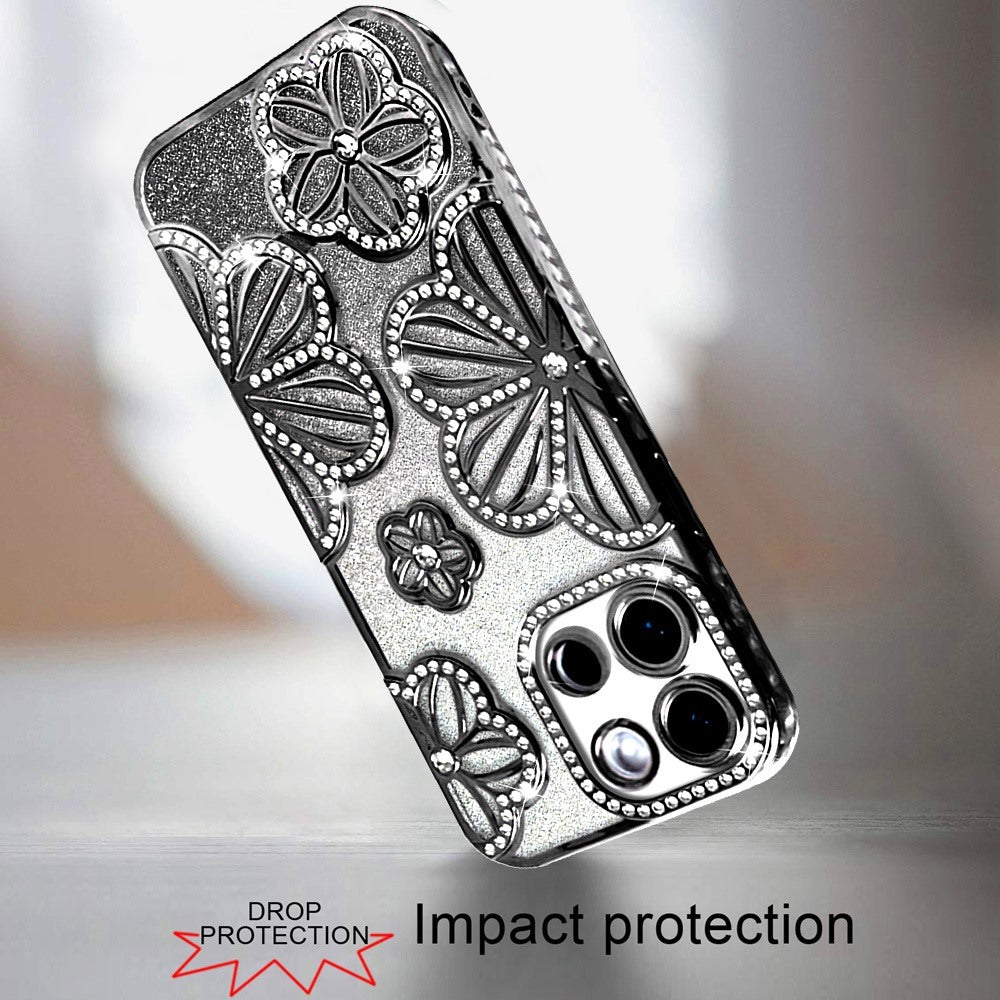 For Apple iPhone 17E /16E Luxury Flower Design Sparkle Glitter Diamond Rhinestone Shimmer Bling Plating Thick TPU Hard PC Case Cover