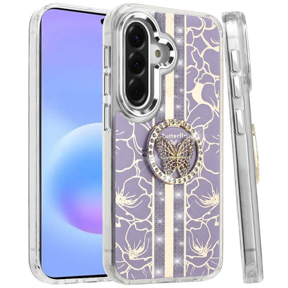 Phone Case for Samsung Galaxy A57 Floral Butterfly Ring Stand Glitter Bling Shockproof Hybrid Luxury Fashion Protective Anti Slip Durable Grip Cover