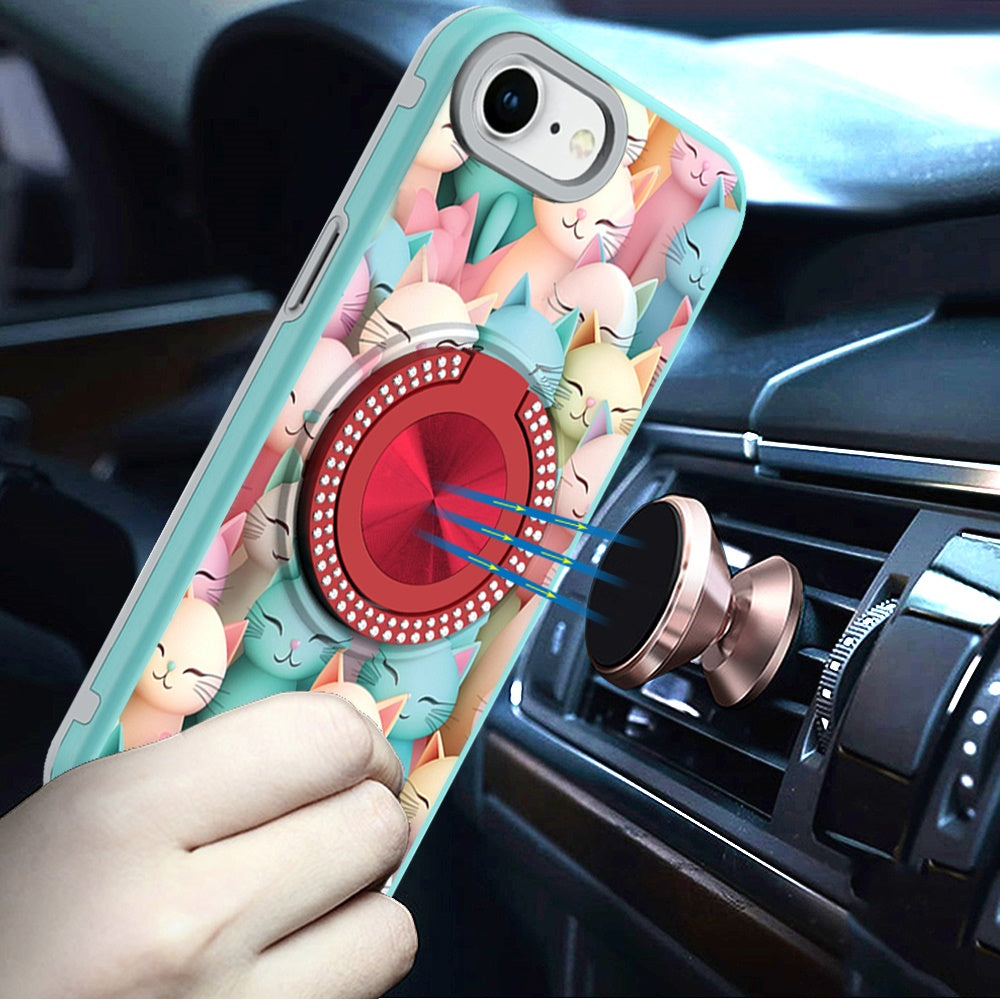 For Apple iPhone 17E /16E Pattern Design Hybrid with Invisible Ring Stand & Magnetic Back, Shockproof Protective Grip Case Cover