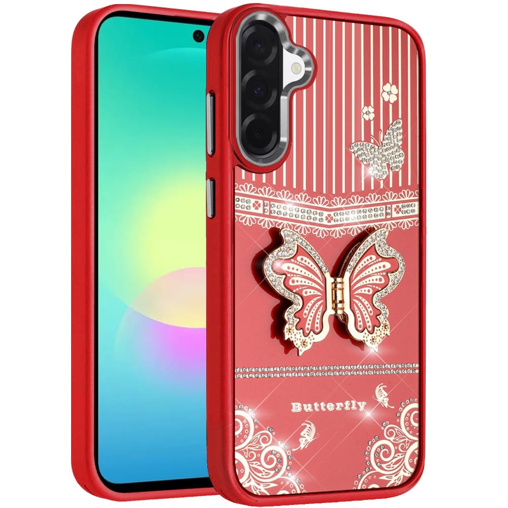 Phone Case for Samsung Galaxy A27 Glitter Bling Butterfly Stand Metallic Edge Hybrid Shockproof Grip Durable Camera Protection Stylish Design Cover