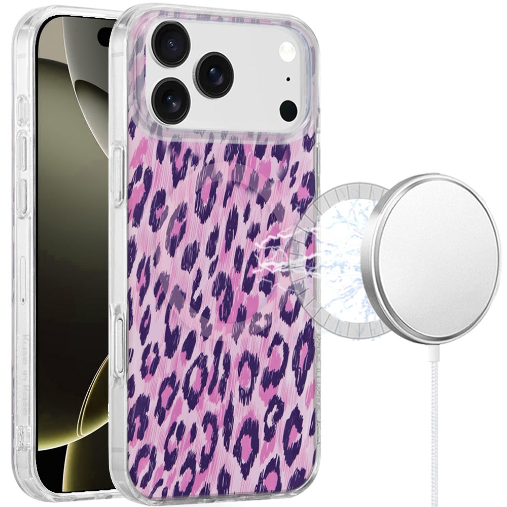 For Apple iPhone 17 Pro Stylish Pattern Fashion IMD Printed Design TPU Double Layer Slim Shockproof with Magnetic Back Case Cover Pink Leopard