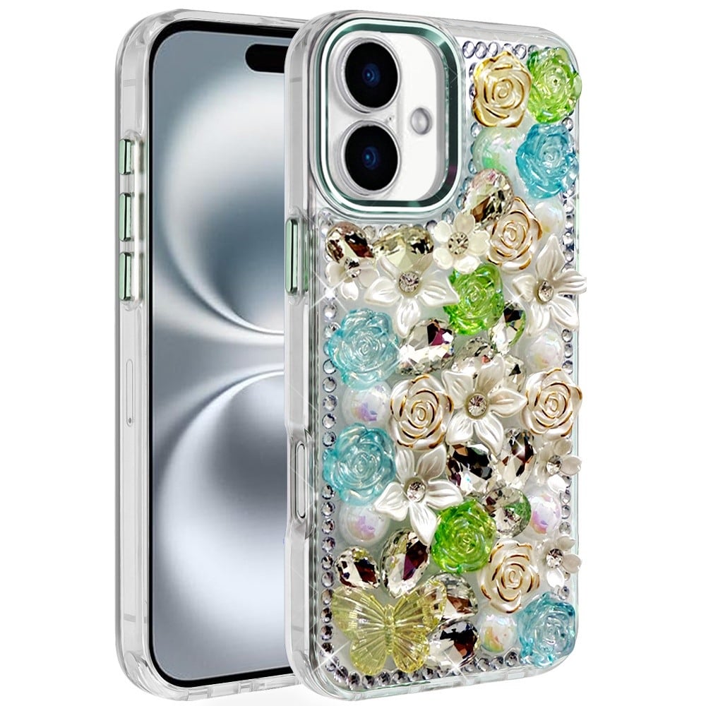 Phone Case for Apple iPhone 16 Plus Luxury Rose Bling Rhinestone Glitter Floral Hybrid Shockproof Stylish Protective Designer Ornament Sparkle Cover