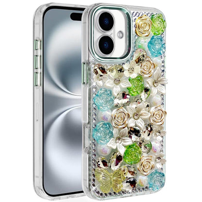 Phone Case for Apple iPhone 16 Plus Luxury Rose Bling Rhinestone Glitter Floral Hybrid Shockproof Stylish Protective Designer Ornament Sparkle Cover