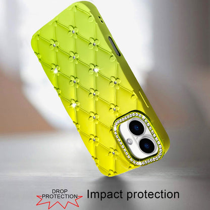 For iPhone 16 (6.1") Fashion Flower Design Sparkle Glitter Shimmer Rhinestone Bling Floral Accents, Leather Texture TPU Case Cover Light Green/Teal