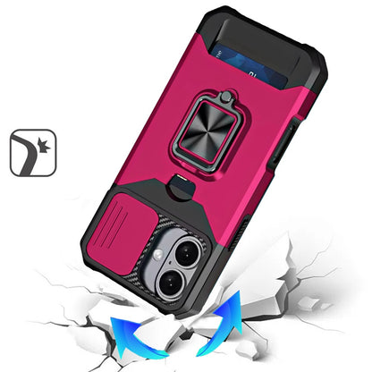 For Apple iPhone 17 (6.3") Wallet Case with Ring Stand & Slide Camera Cover Back Credit Card Slot Holder, Military Grade Case Cover