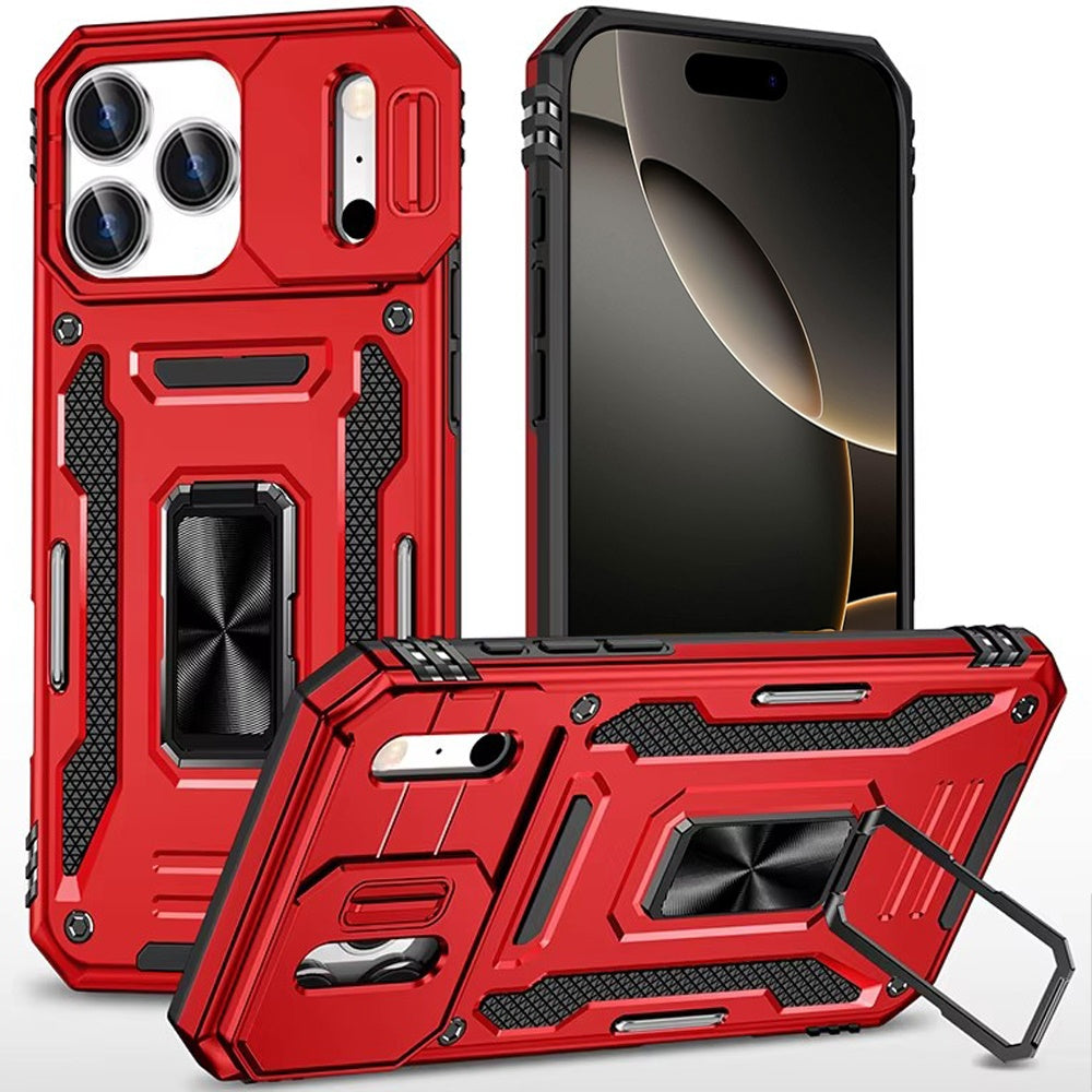 For Apple iPhone 17 Pro (6.3") Tough Hybrid Case with Movable Camera Window & Metal Ring Stand Shockproof Case Cover