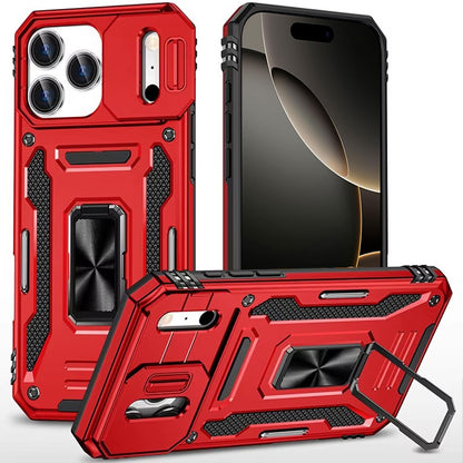 For Apple iPhone 17 Pro (6.3") Tough Hybrid Case with Movable Camera Window & Metal Ring Stand Shockproof Case Cover