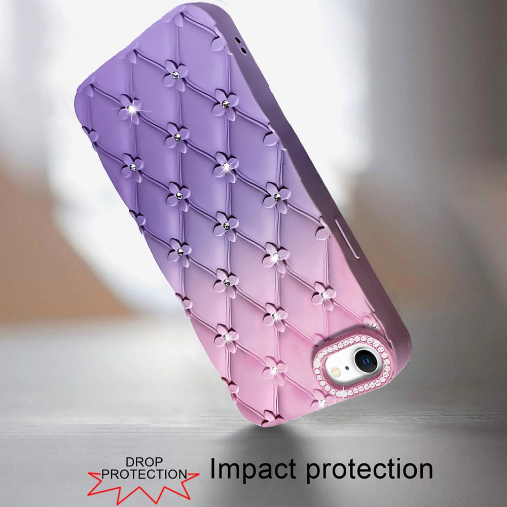 For Apple iPhone SE 4 Fashion Flower Design Sparkle Glitter Shimmer Rhinestone Bling Floral Accents, Leather Texture TPU Case Cover