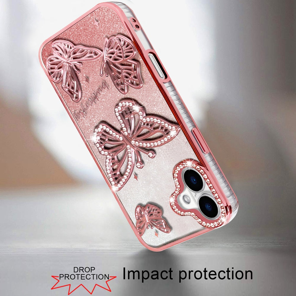 For Apple iPhone 17 (6.3") Luxury Butterfly Sparkle Glitter Diamond Crystal Rhinestone Shimmer Bling Plating Thick TPU Hard PC Case Cover