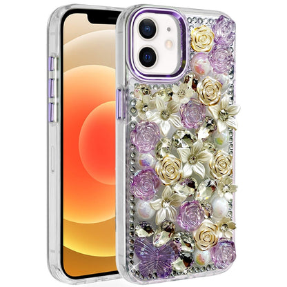 For iPhone 12 / iPhone 12 Pro (6.1") 3D Diamond Floral Roses Flower Bling Stone Hybrid, Sparkly Rhinestone Gemstone Back Shockproof Case Cover Green